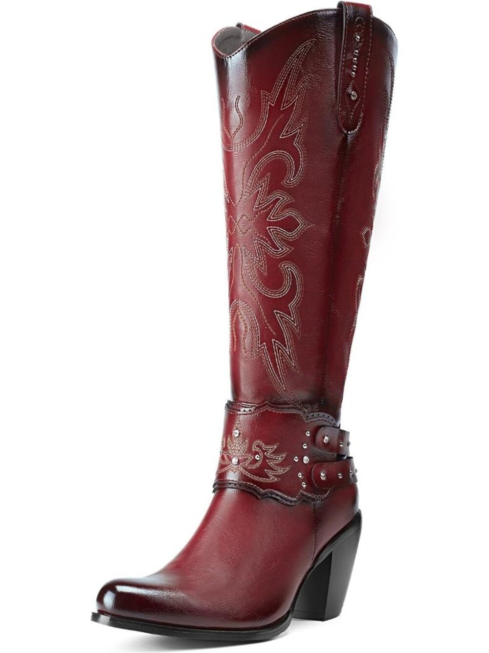 👢Women's Burgundy Cowgirl Boots Knee High Boot Rounded Toe Chunky Heels Pull On